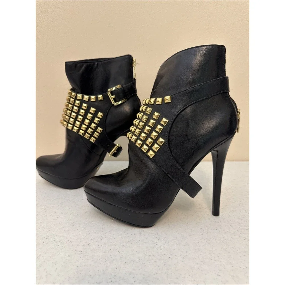 Michael By Michael Kors Rock And Roll Booties Black Leather & Gunmetal Studs 8M